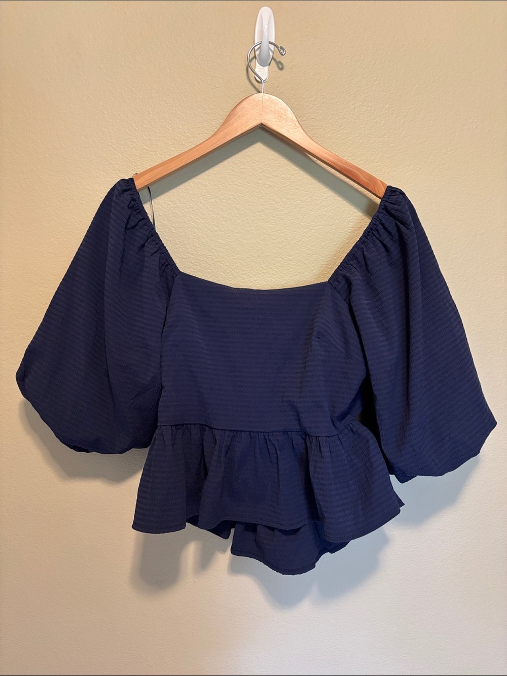 Cropped Navy Puff-Sleeve Peplum Top